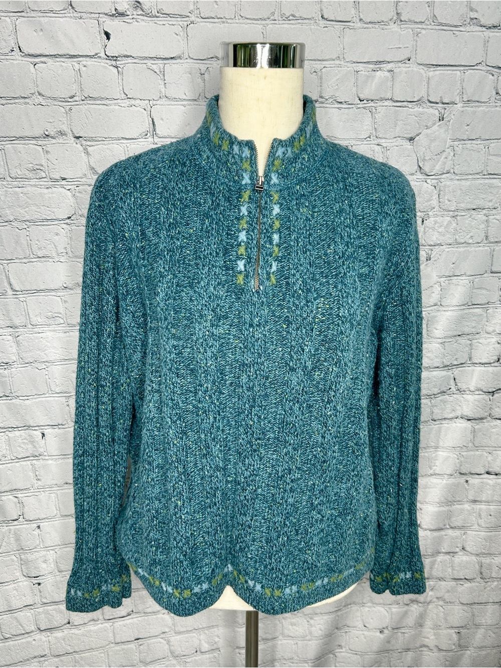 Woolrich Teal Cable-Knit Half-Zip Sweater with Green Accents